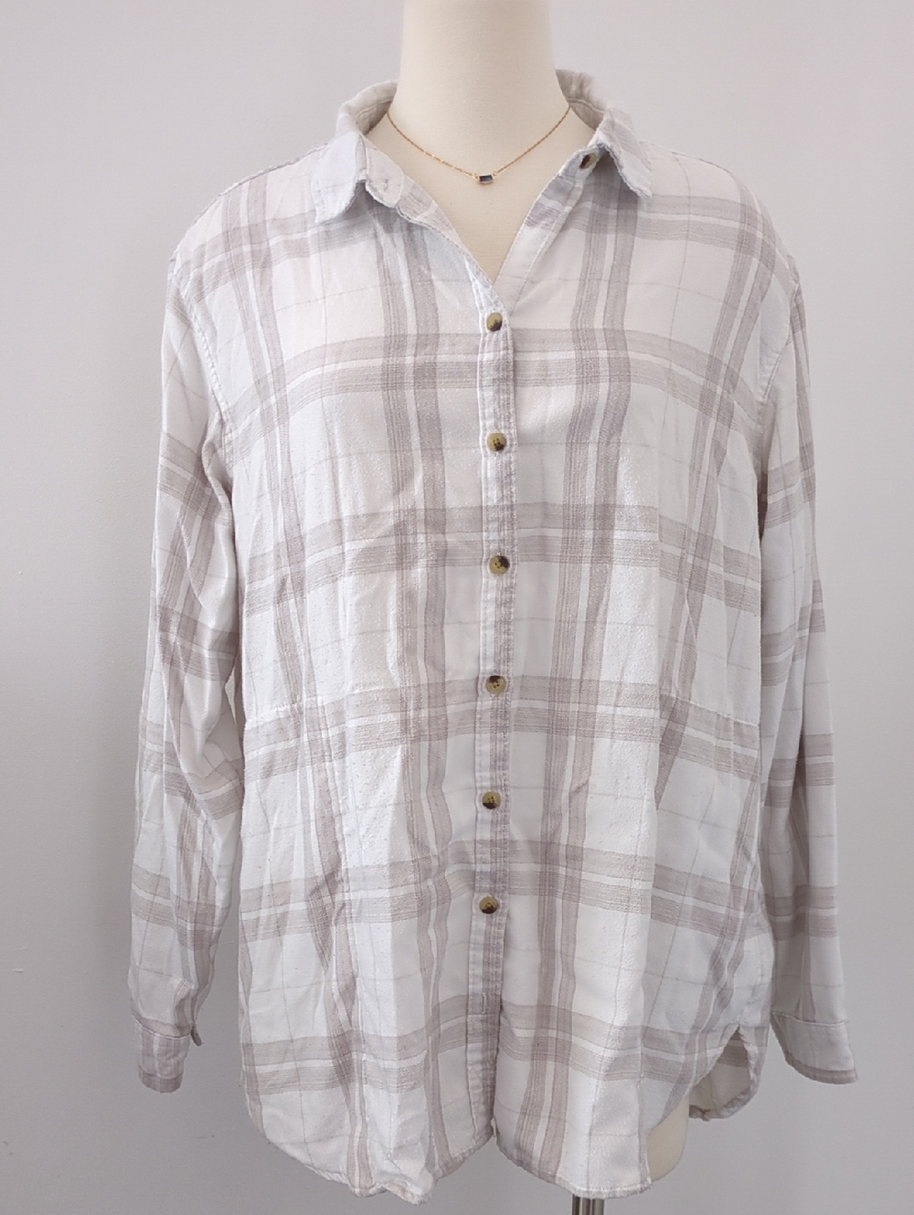 JACHS Girlfriend White and Light Gray Plaid Button-Down Shirt, Pockets, XXL